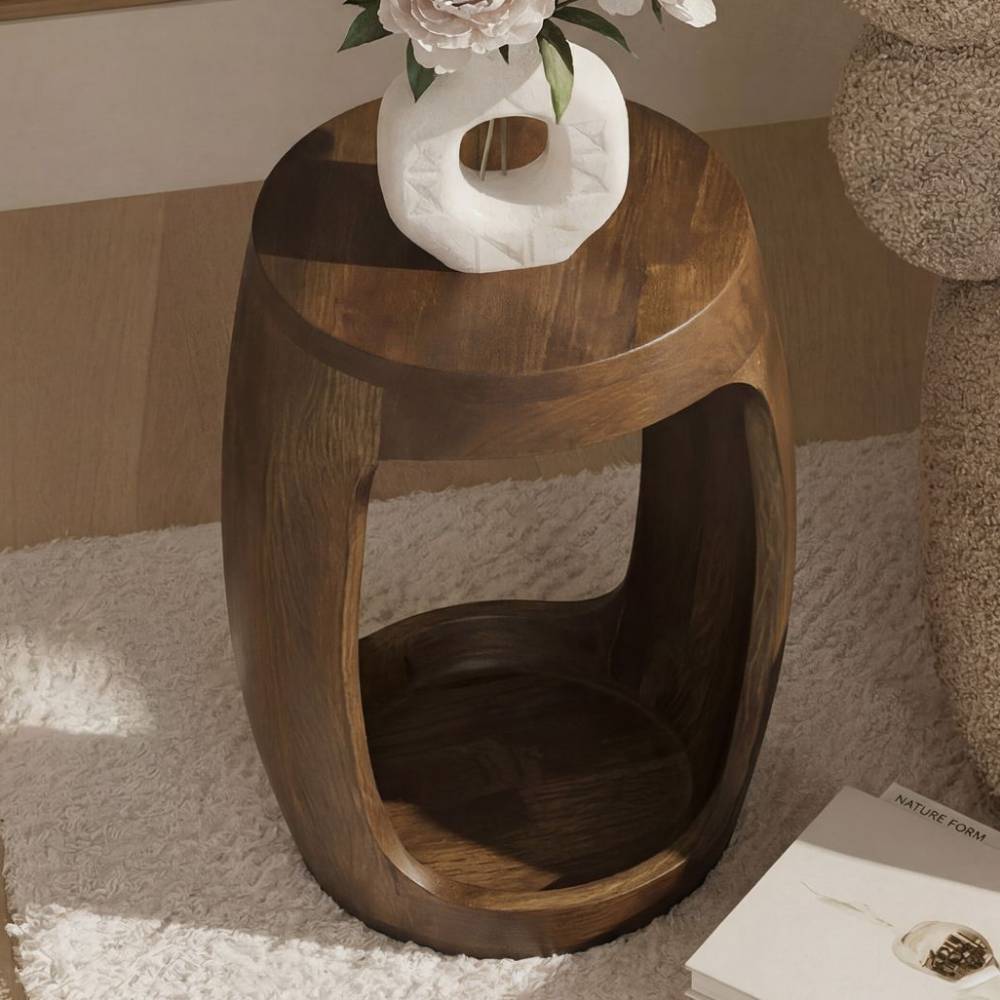 Beistelltisch in Fassform aus Holz mit zweiseitiger Öffnung für modernes Wohnzimmer – Icana