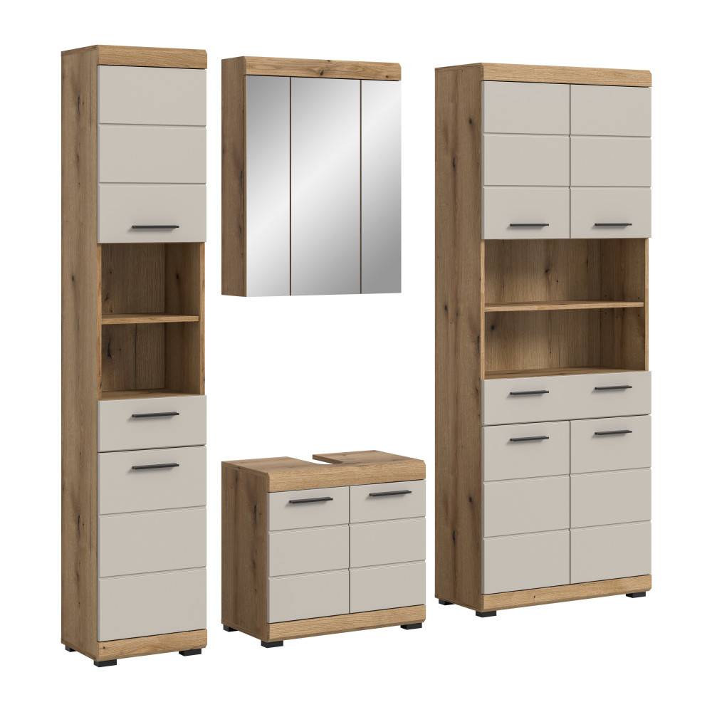 Vierteiliges Badezimmerschränkchen Set in heller Holzoptik und Beige mit Spiegelschrank – Casserra