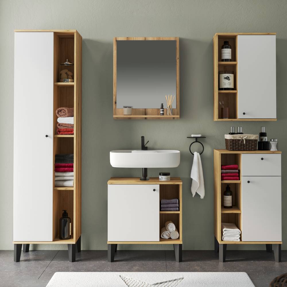 Fünfteiliges Badmöbel Set in Weiß-Holzoptik mit Hochschrank, Waschtischunterschrank und Spiegelschrank – Naviron