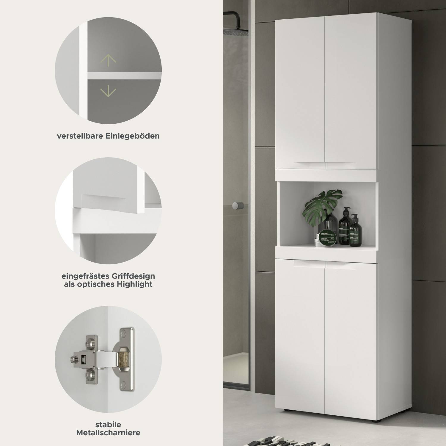 Weißer Hochschrank mit verstellbaren Einlegeböden, eingefrästem Griffdesign und stabilen Scharnieren – Bruna