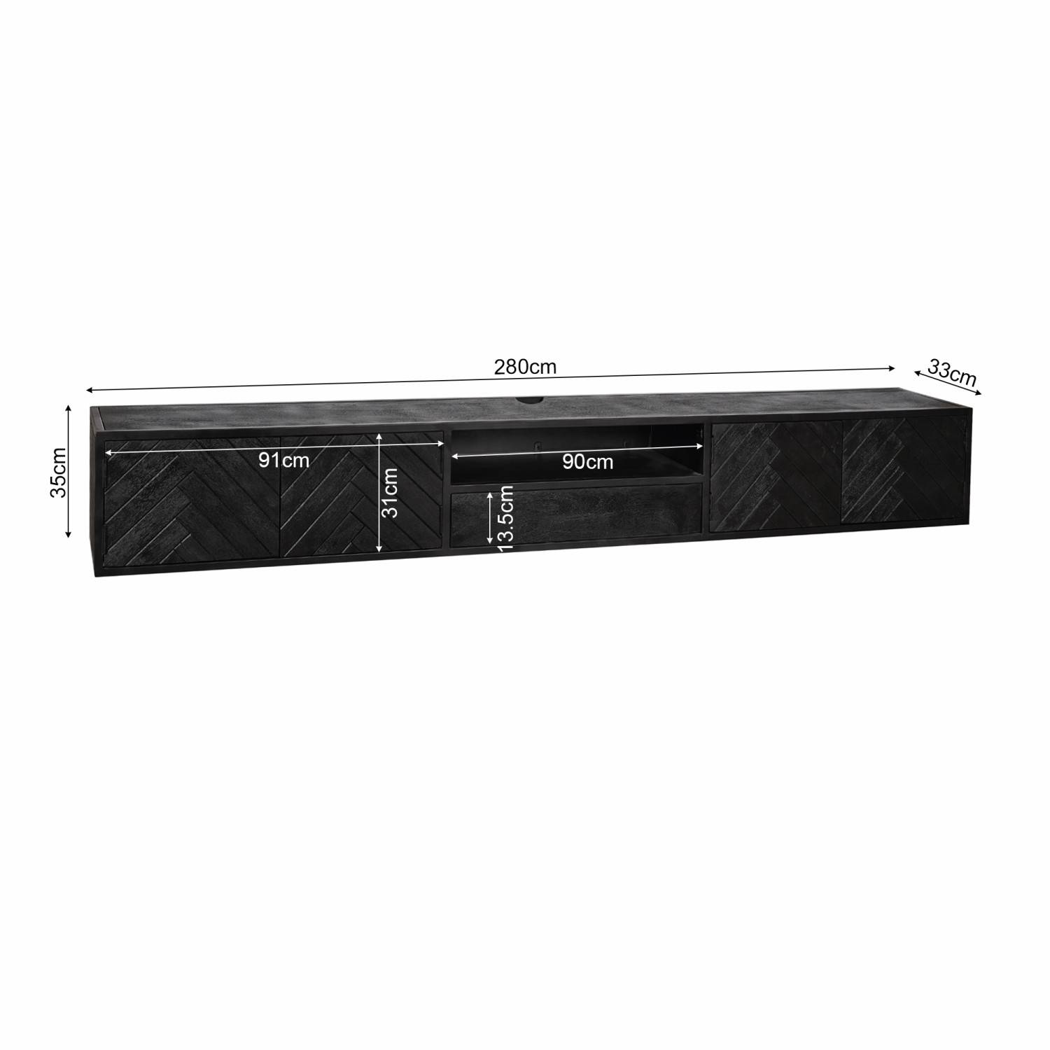 Schwarzes TV Board mit genauen Größenangaben und Aufteilung der Staufächer – Lida