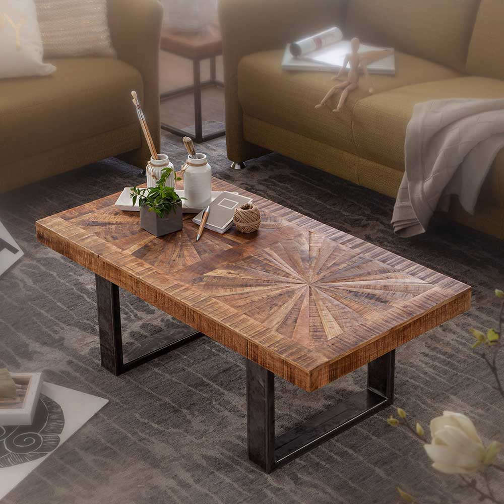 105x55 Wohnzimmer Tisch aus Holz handgearbeitet mit Metall U-Gestell
