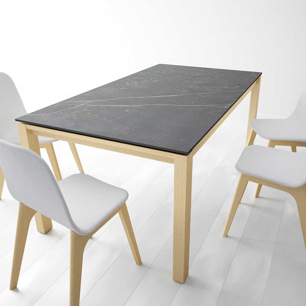 120x80 Designertisch mit Keramik Platte & Massivholz Buche - Walentina