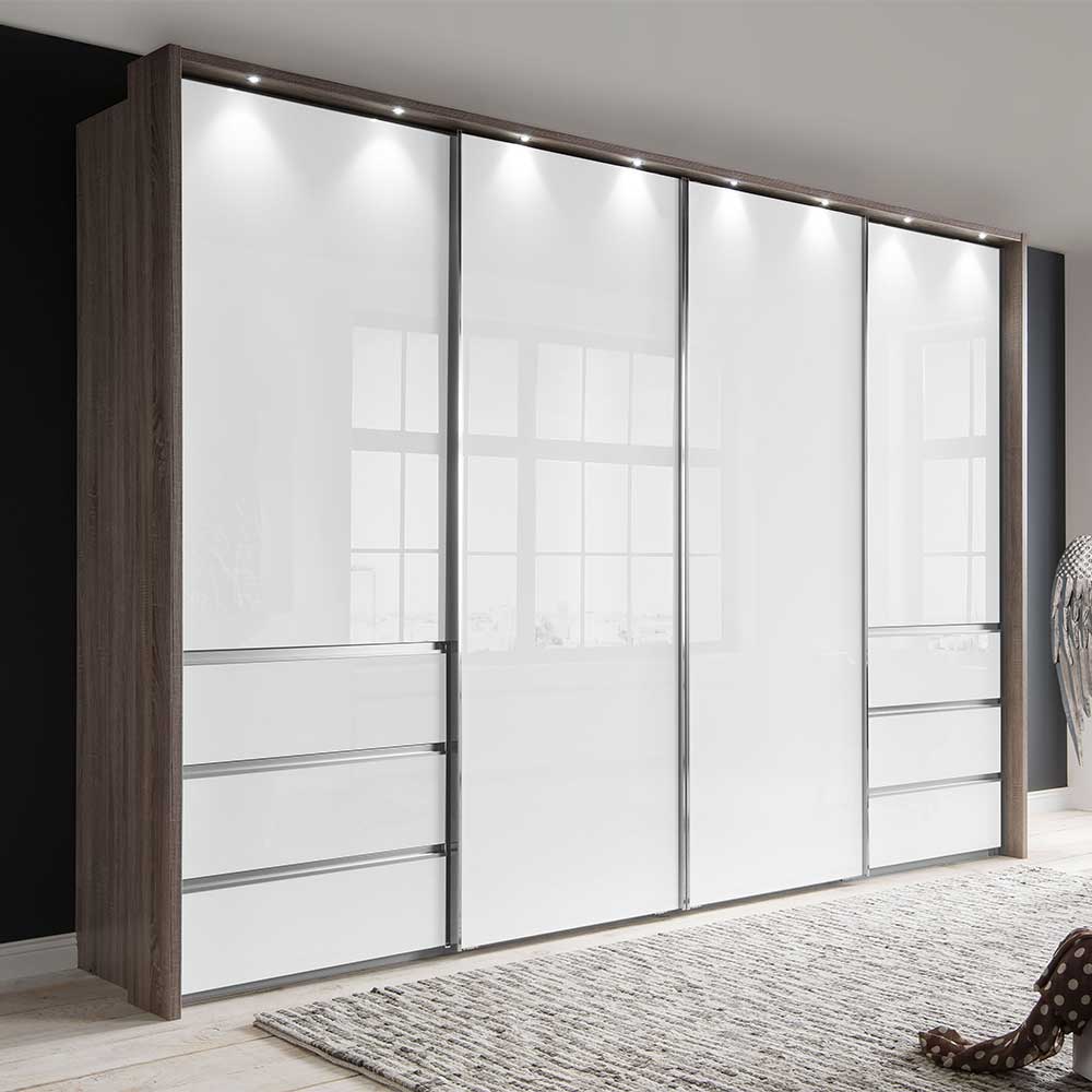 340cm Breiter Schwebeturen Schrank 4 Turig 6 Schubladen Led Licht Seymour 