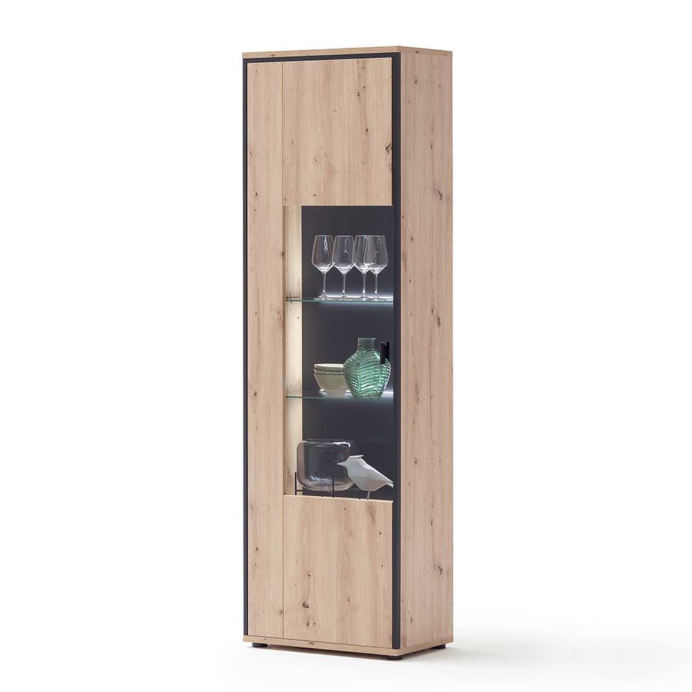 63cm breite Standvitrine in Eiche Holz Dekor und Anthrazit ...