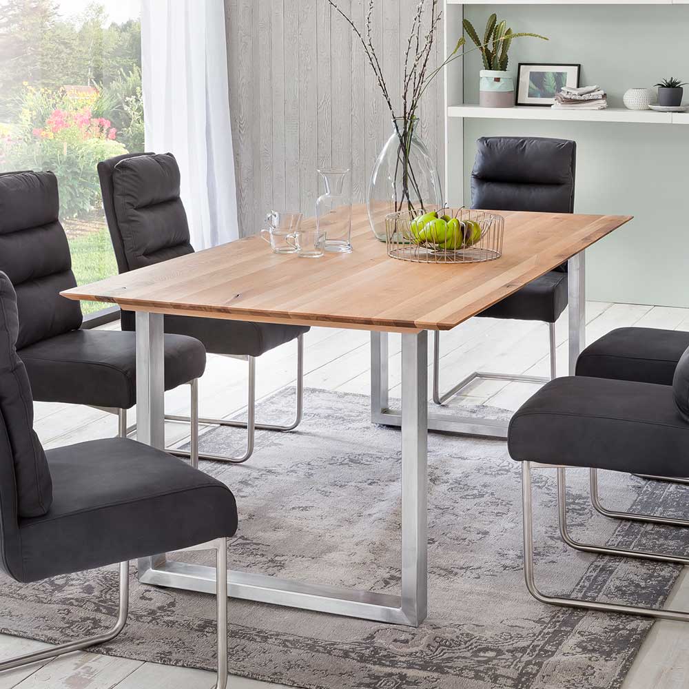 Esszimmer Tisch aus Eiche in Lamellenverleimung & Edelstahl - Neroni