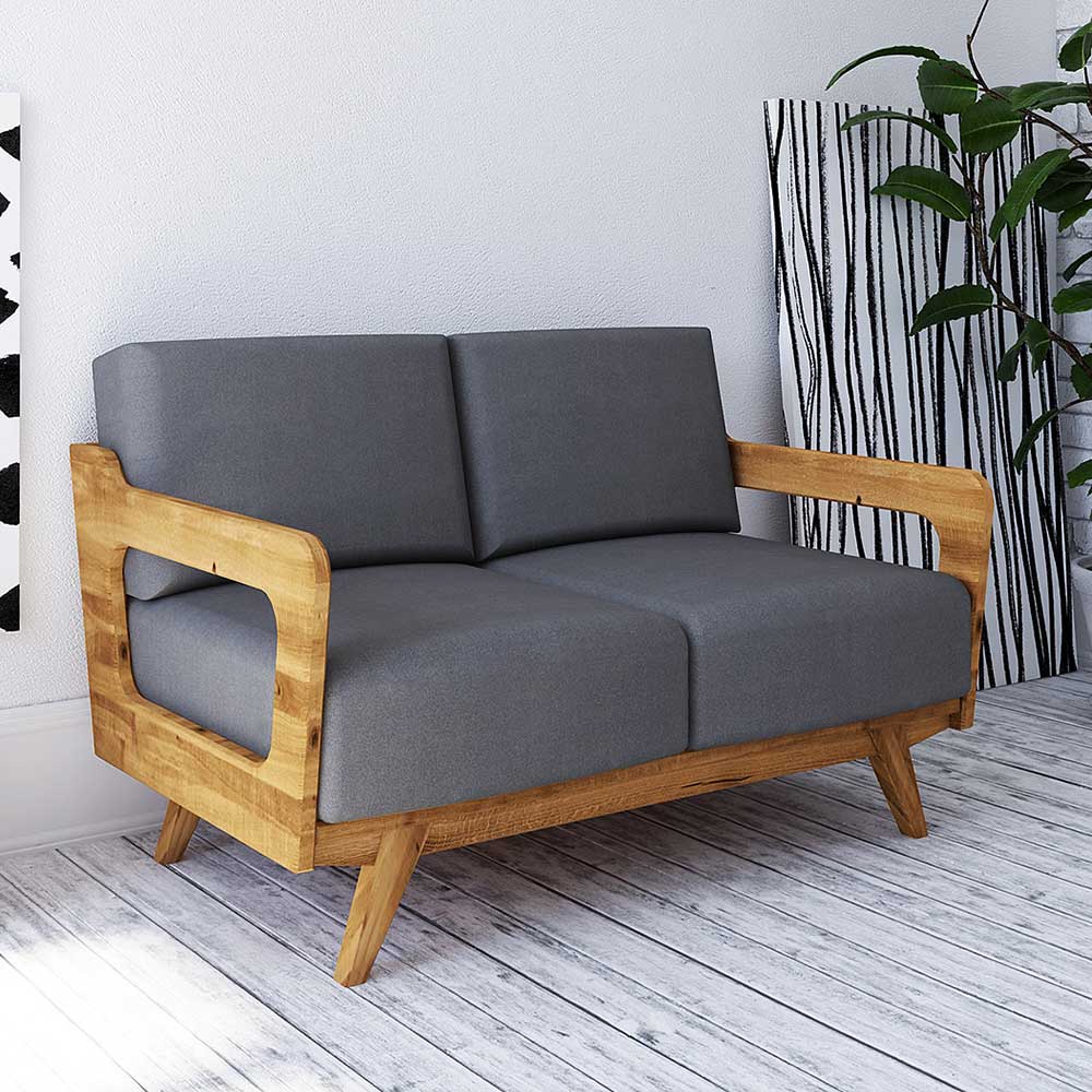 Hellgraues Stoff Sofa mit Wildeiche Gestell in Natur geölt - Hardus
