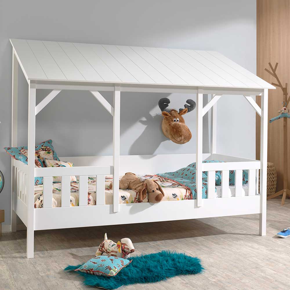 Kinderbett mit Dach & Absturzsicherung Zaun in Weiß - 90x200 cm - Zanoas
