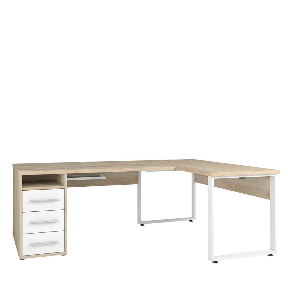 L-Form Schreibtisch in Eiche Holzoptik und Weiß mit Stauraum - Xedno