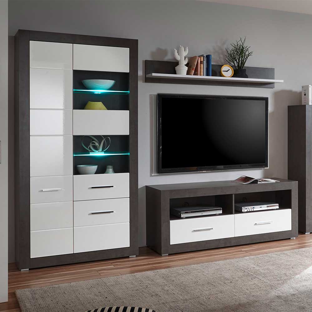 Moderne TV Möbel Kombi in Weiß Hochglanz & Beton Grau