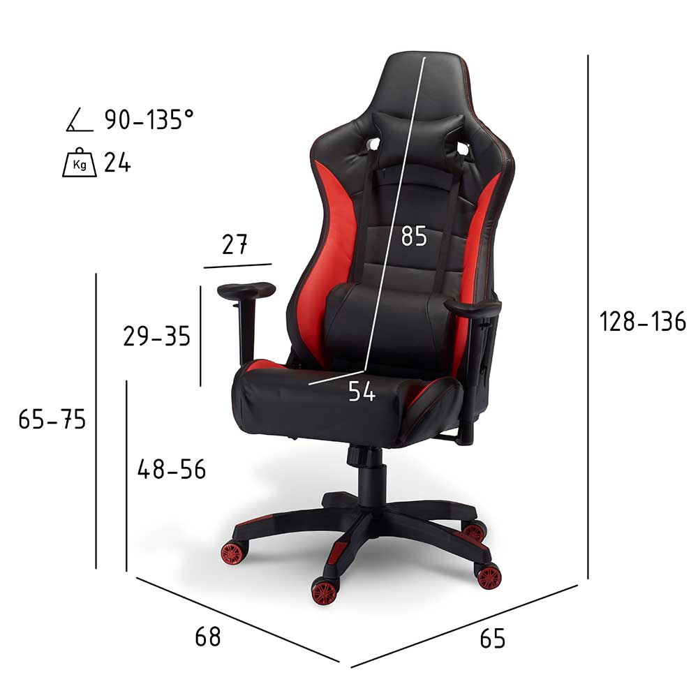 Diablo X-Horn Gaming Stuhl Bürostuhl Schreibtischstuhl 3D Armlehnen Ergonomisches Design Nacken/ schwarz-rot, XL Lendenkissen Kunstleder Wippfunktion