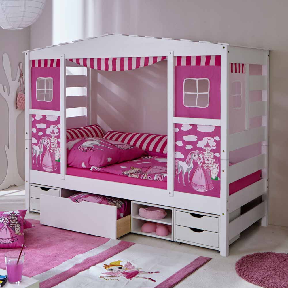 Rosafarbenes Prinzessin-Kinderbett mit Stauraum und Betthimmel - Mantua