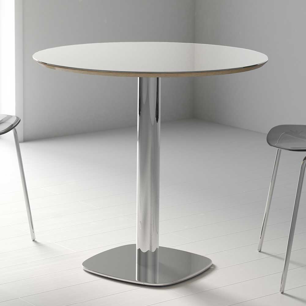 Runder Tisch mit Glasplatte in Weiß & Säulengestell Chrom ...