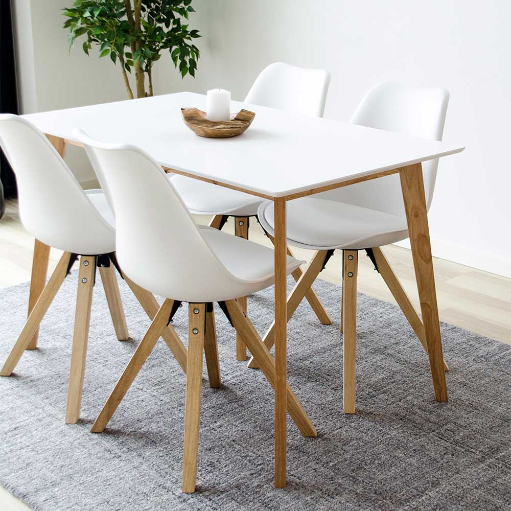 Scandi Esstisch Stühle in Weiß & Natur Holzbeine Gummibaum - Rusty (2er