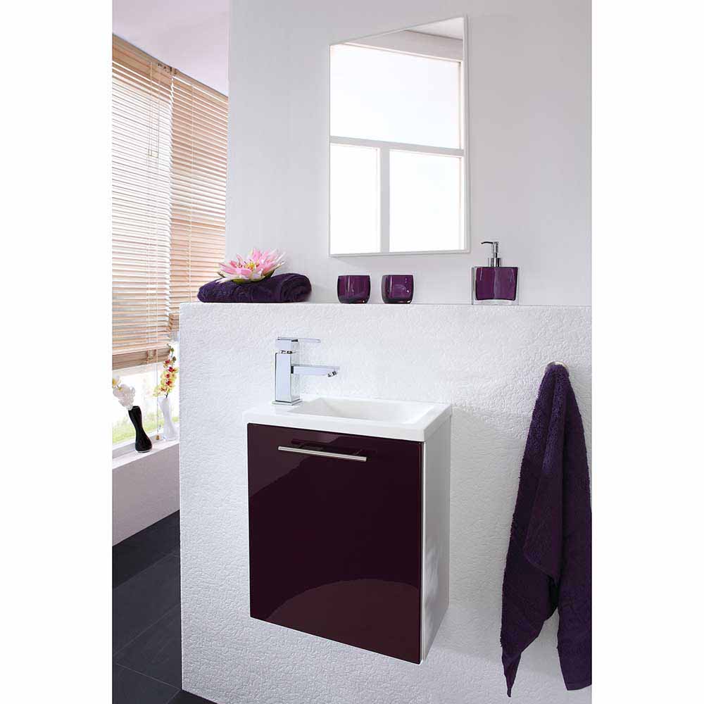 Schmales Waschbecken mit Unterschrank Wandspiegel in Weiß mit Violett