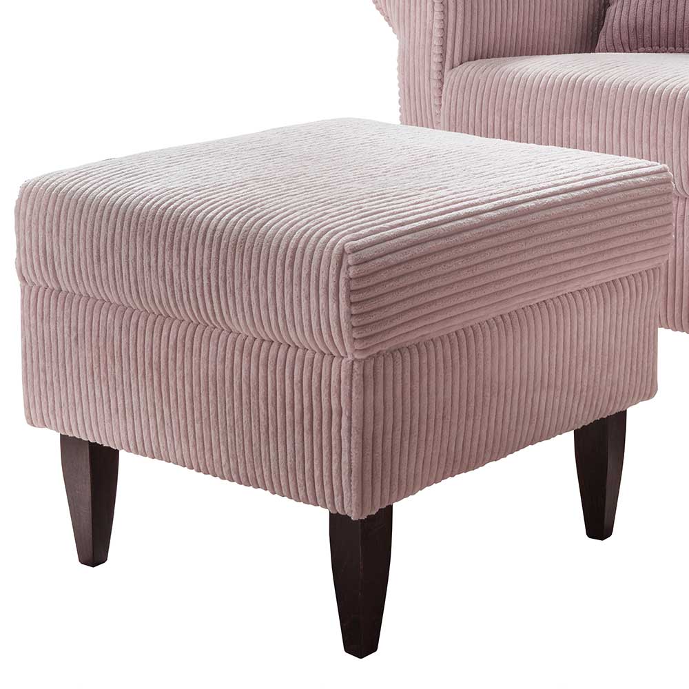 Set Ohrensessel mit Fußhocker in Rosa Cord - Noah (2-teilig)