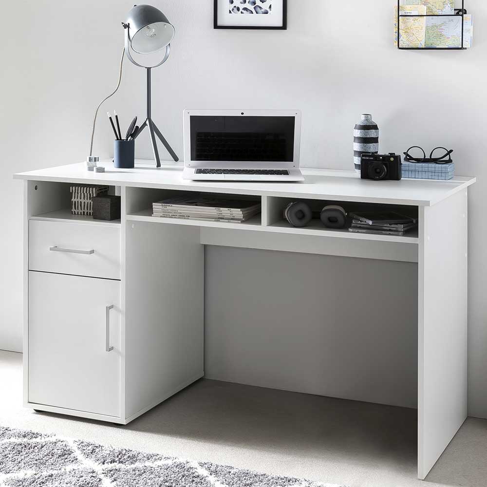 Weißer Schreibtisch mit 3 Fächern & Schublade & Türfach ...