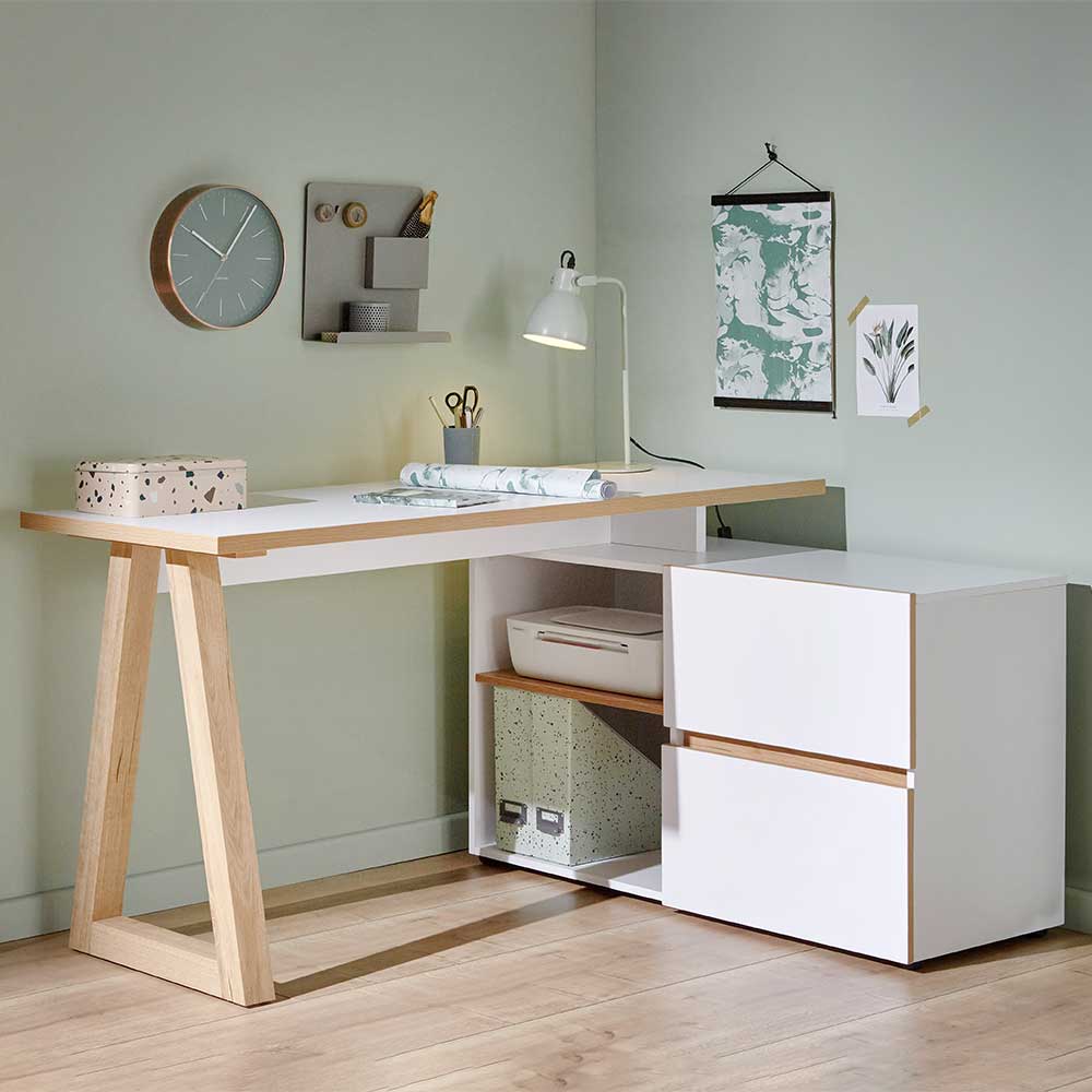 Winkel Skandi Design Schreibtisch mit Stauraum in Weiß & Dekor Eiche