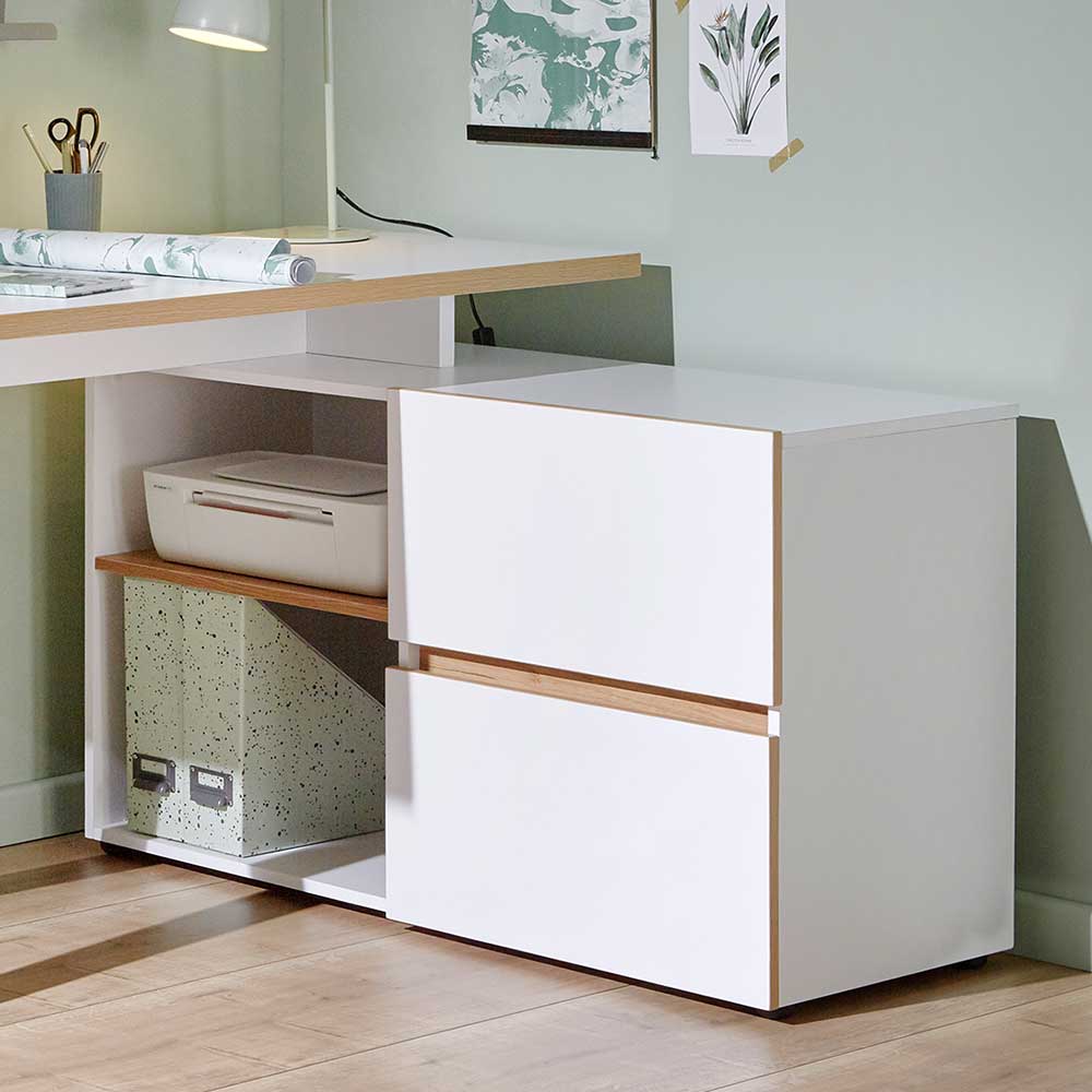 Winkel Skandi Design Schreibtisch mit Stauraum in Weiß & Dekor Eiche