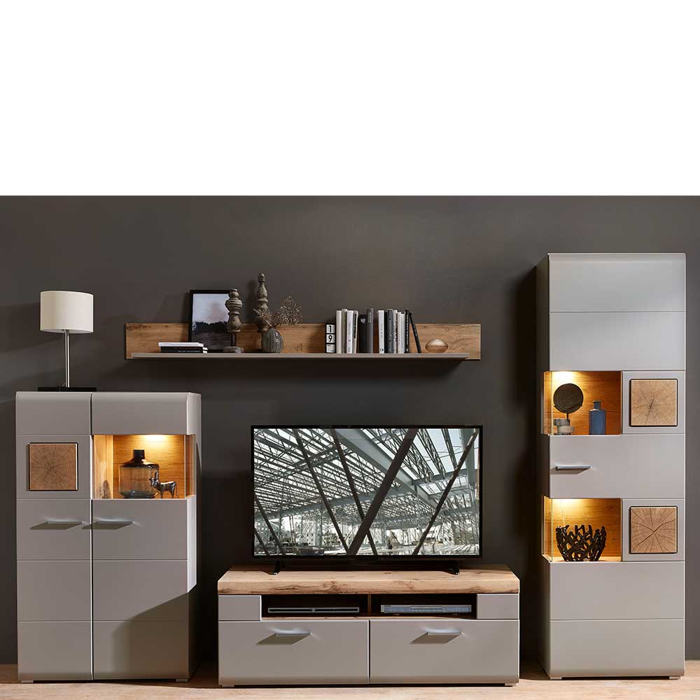 Wohnwand Möbel in Grau & Eiche mit LED Beleuchtung
