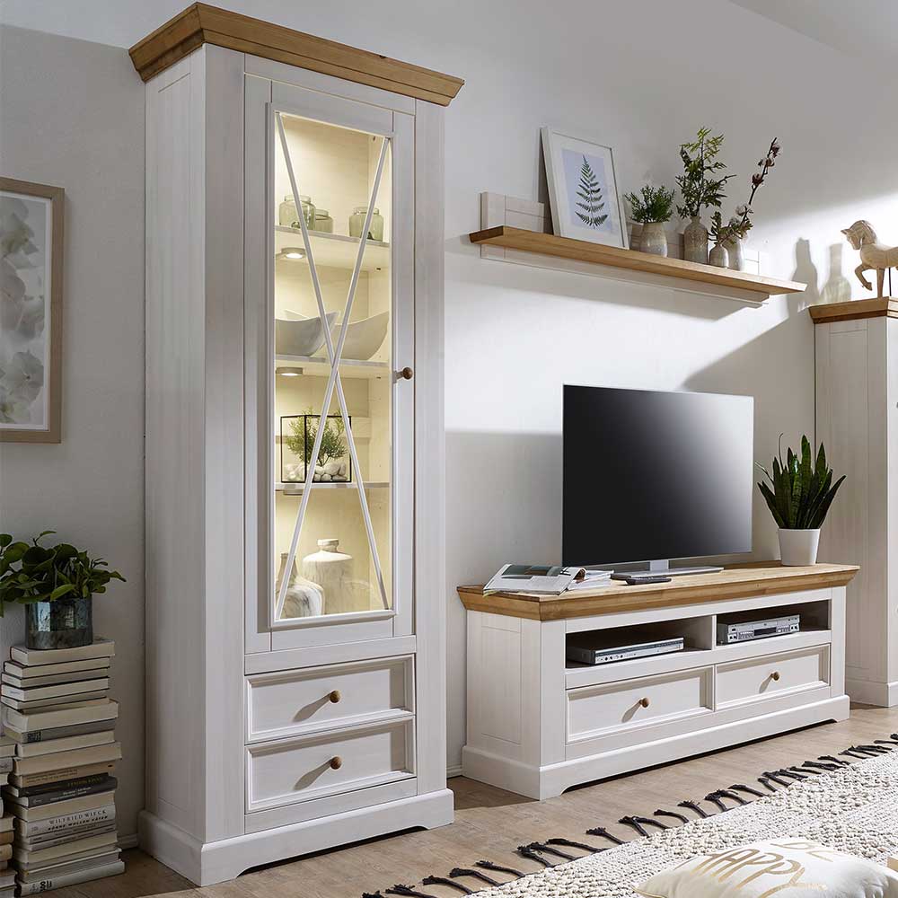 Wohnzimmer TV Anbauwand aus Kiefer in Weiß & Eiche