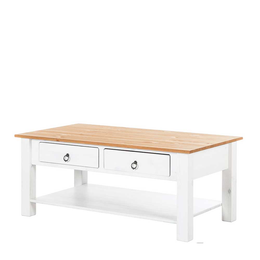 110x45x60 Wohnziimmer Tisch mit zwei Schubladen in Weiß & Honig aus Kiefer Syntia