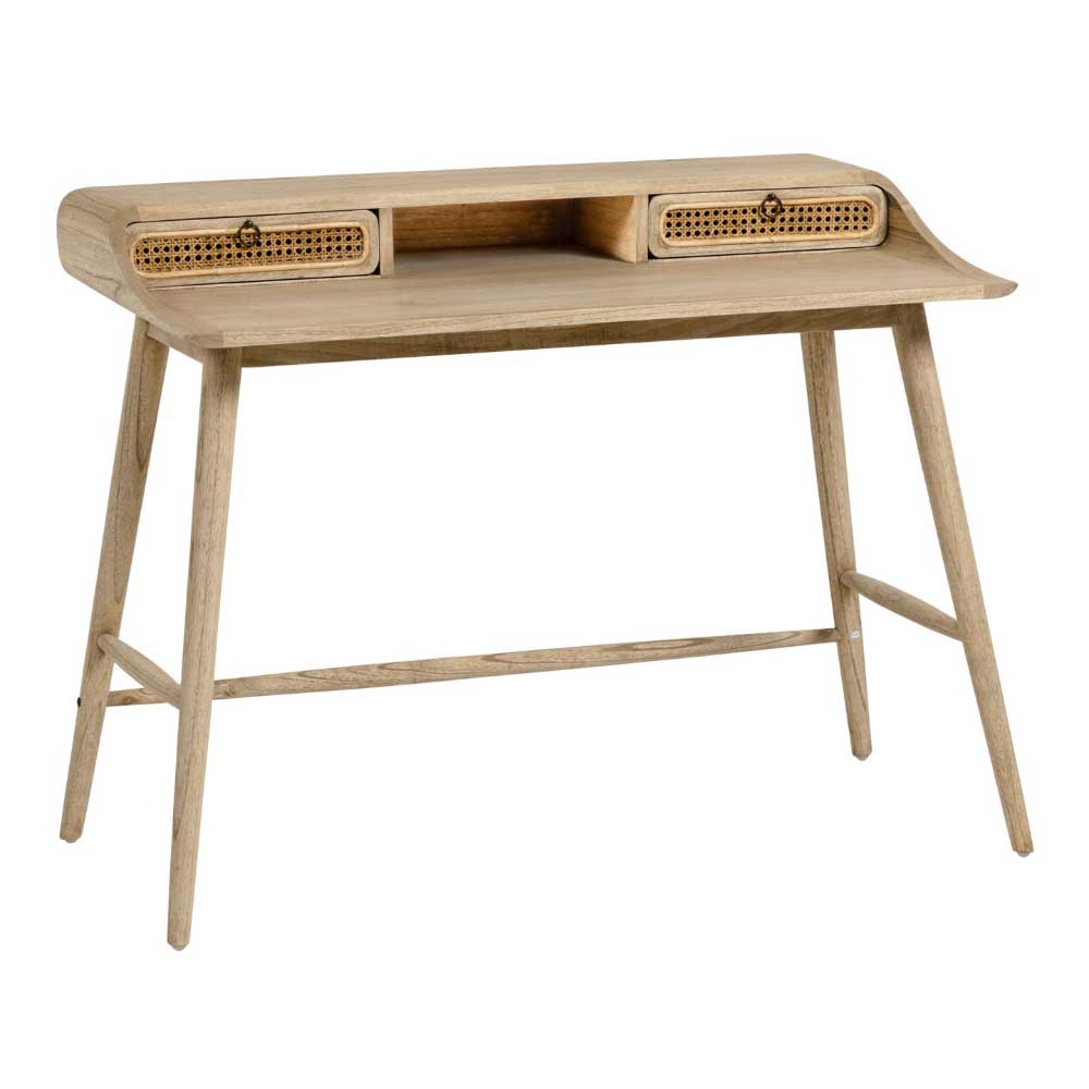 110x60 Schreibtisch mit Aufsatz aus Holz Mindi und Rattan Geflecht Fenzena