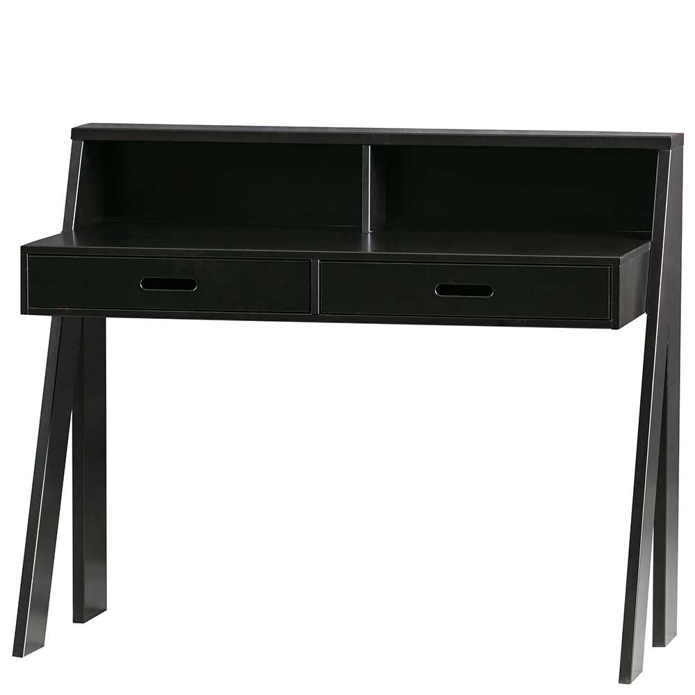 112x55 Holz Schreibtisch mit Aufsatz in Schwarz aus Kiefer Massivholz Vindrus