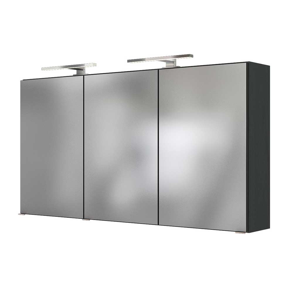 120cm breiter Badezimmer Spiegelschrank in Grau mit drei Türen & LED Licht Endely