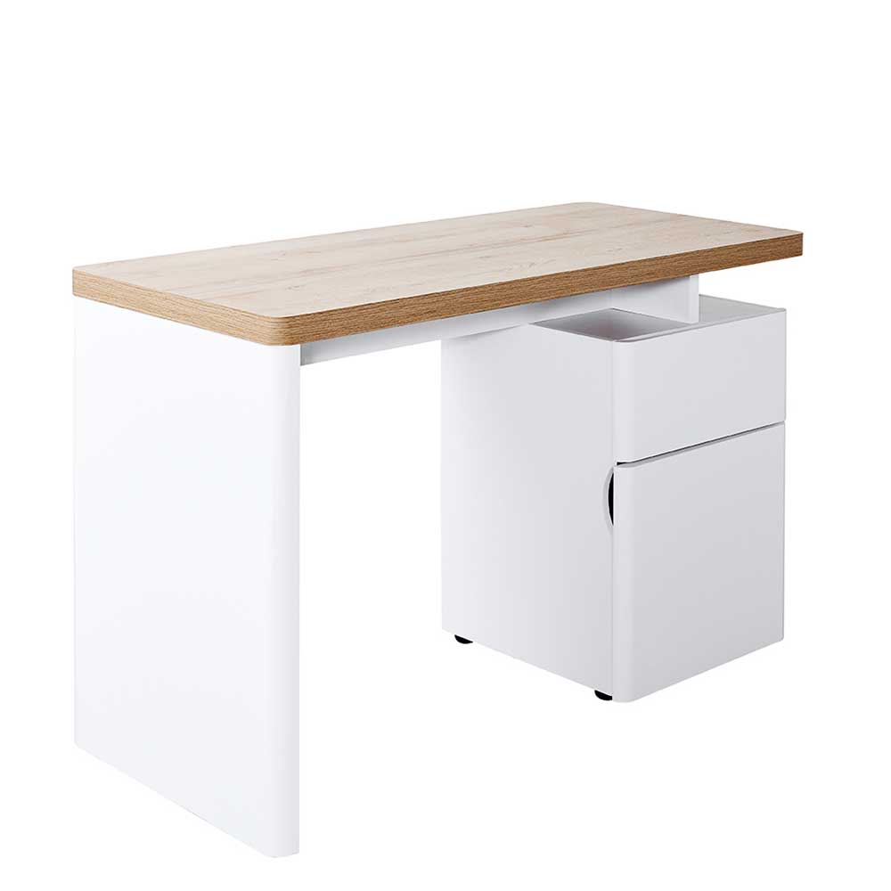 120x55 Schreibtisch in Weiß & Eiche-Optik mit Schublade & Schrankfach Hawer