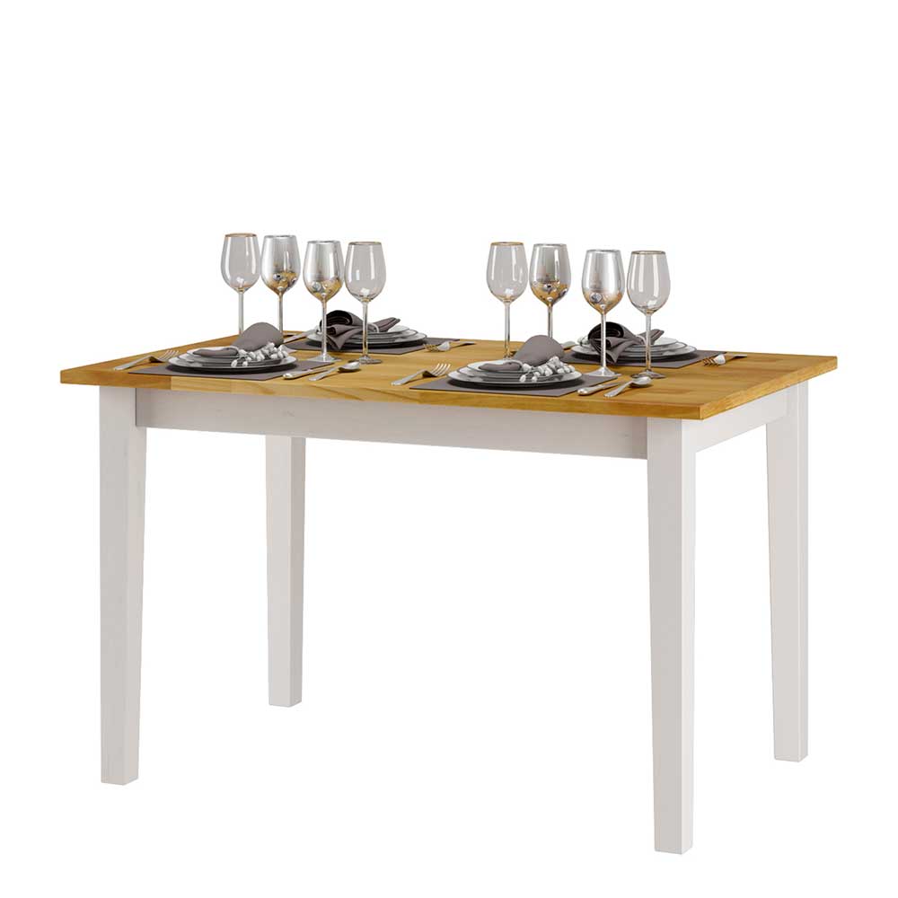 120x75 Esszimmer Tisch aus Echtholz Kiefer in Weiß & Honig lackiert Roswa