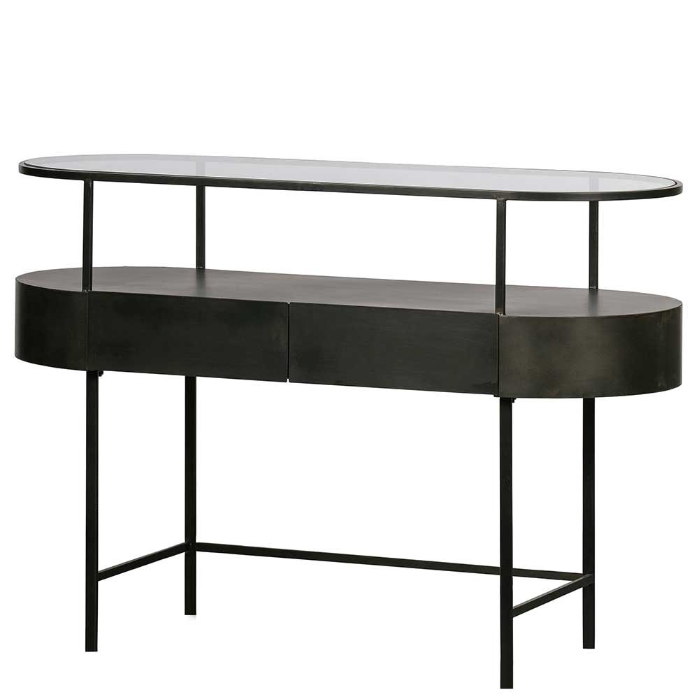 120x83x46 Ovaler Konsolentisch aus Stahl & Glas in Schwarz mit Schubladen Laxela