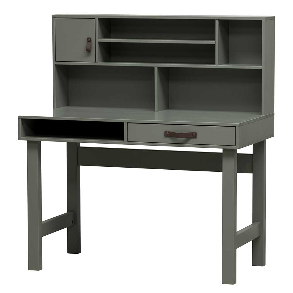 122x58 Schreibtisch mit Aufsatz in Graugrün aus Kiefer Massivholz Daraon