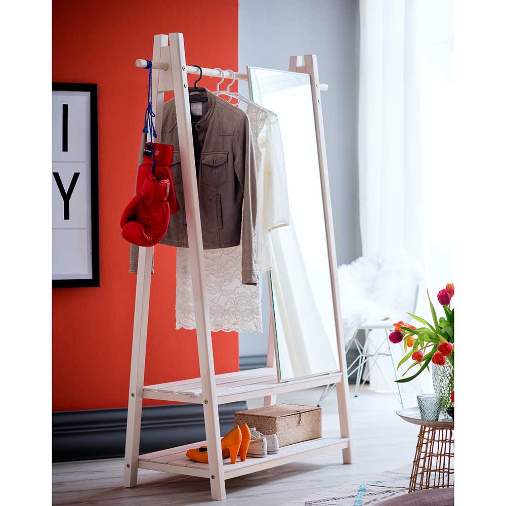 125x170x47 Garderobe mit Schuhablage & Spiegel aus weißem Holz Mancuver