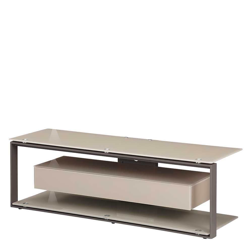 130x42x40 Design TV Tisch aus Glas & Stahl in Beige & Grau mit Klappe Fortinos