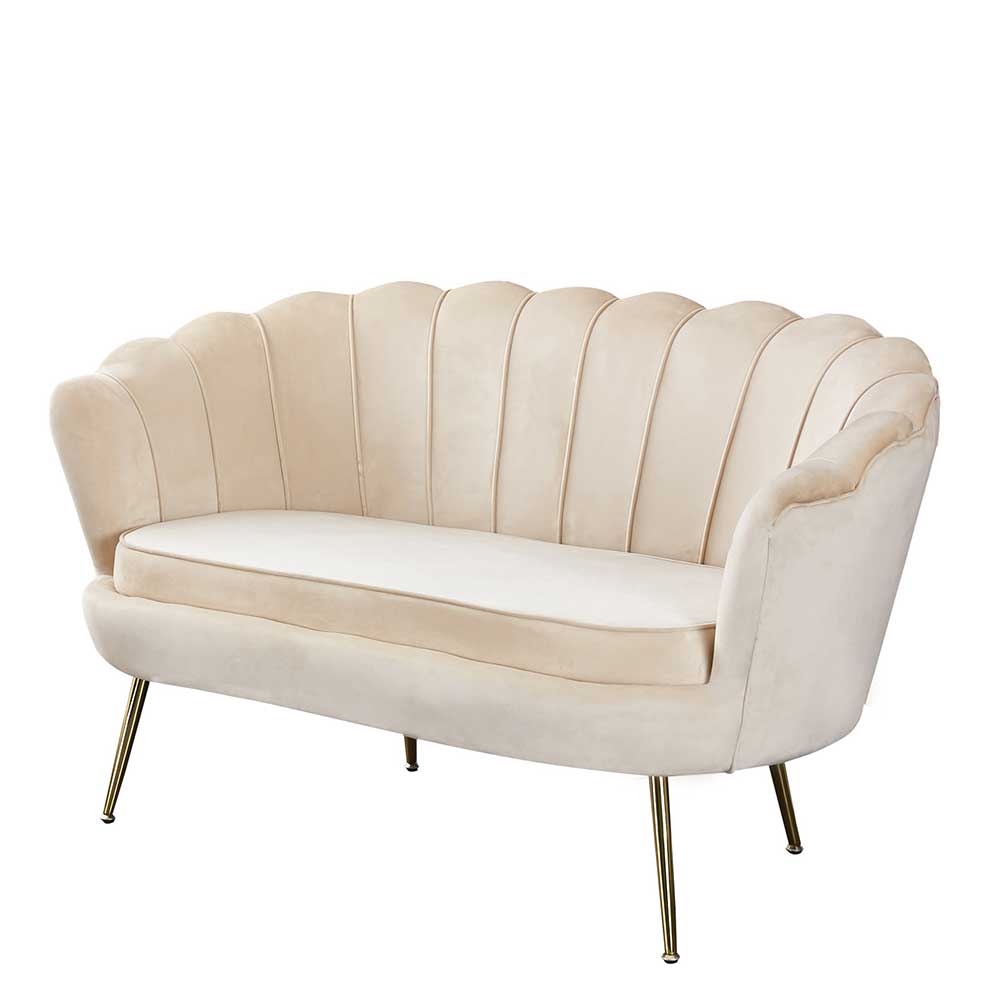136x78x76 Retro Sofa im Muschel Design in Beige Samt & Gold Abboras