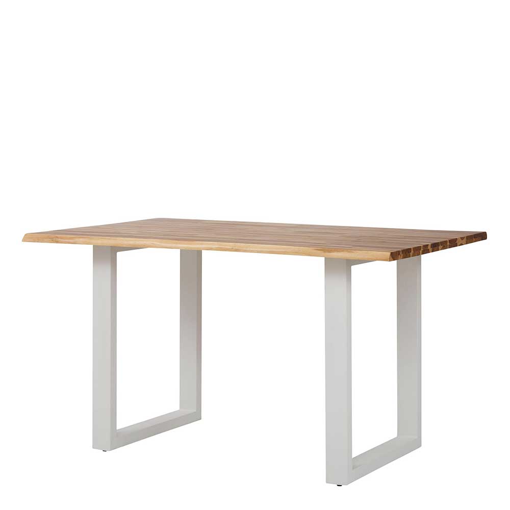 140x85 Akazie Holztisch mit weißem Bügelgestell aus Metall Ohson