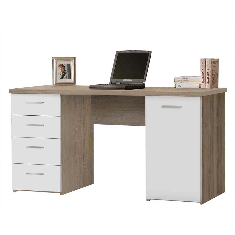 145x60 Schreibtisch in Sonoma-Eiche & Weiß mit vier Schubladen & Tür Iga