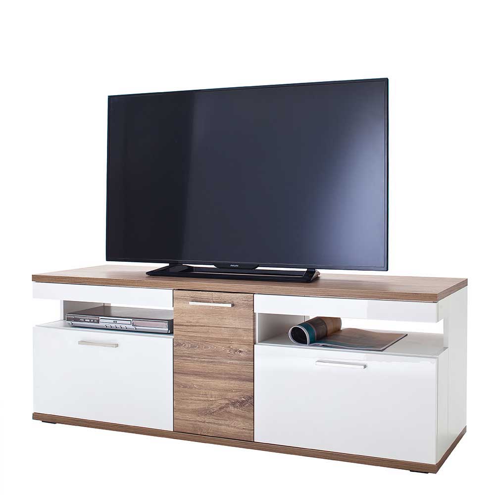 150 cm breites TV Board in Weiß Glanz und Eiche Icadro