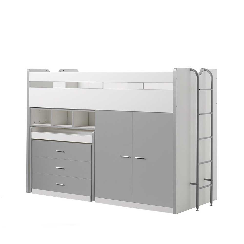 150cm hohes Multifunktionsbett in Weiß & Grau mit Schreibtisch & Stauraum Boro