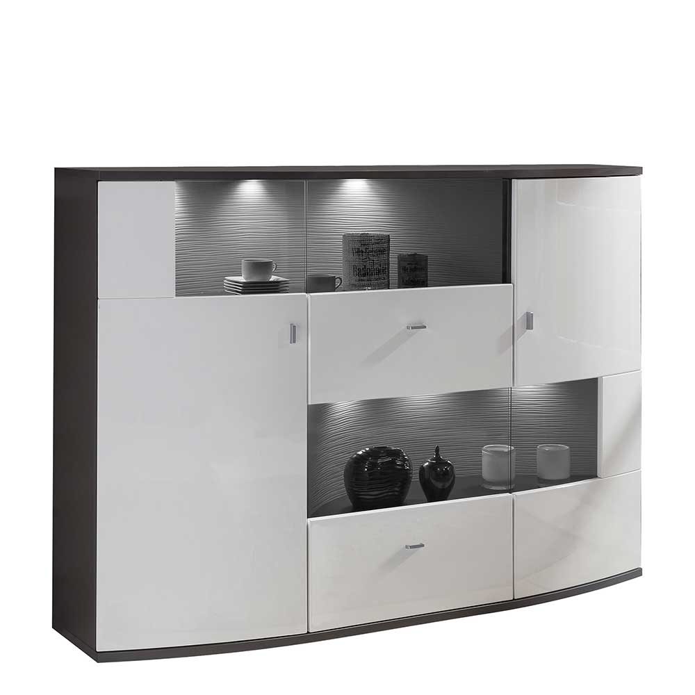 160x121x42 Hochglanz Wohnzimmerschrank mit Glas in Weiß & Anthrazit Secrema