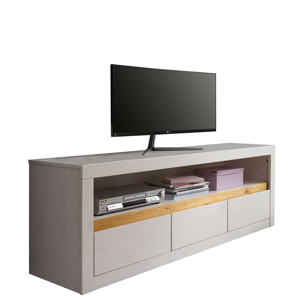 160x55x42 cm TV Lowboard aus Holz in Weiß & Eichefarben - Kiefer Meuvrun