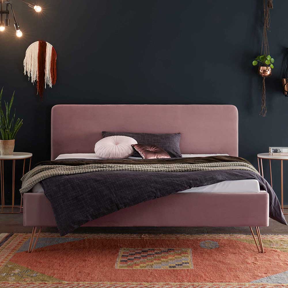 2 Personen Samtbett in Rosa & Kupferfarben Design-Metallfüße Calivia