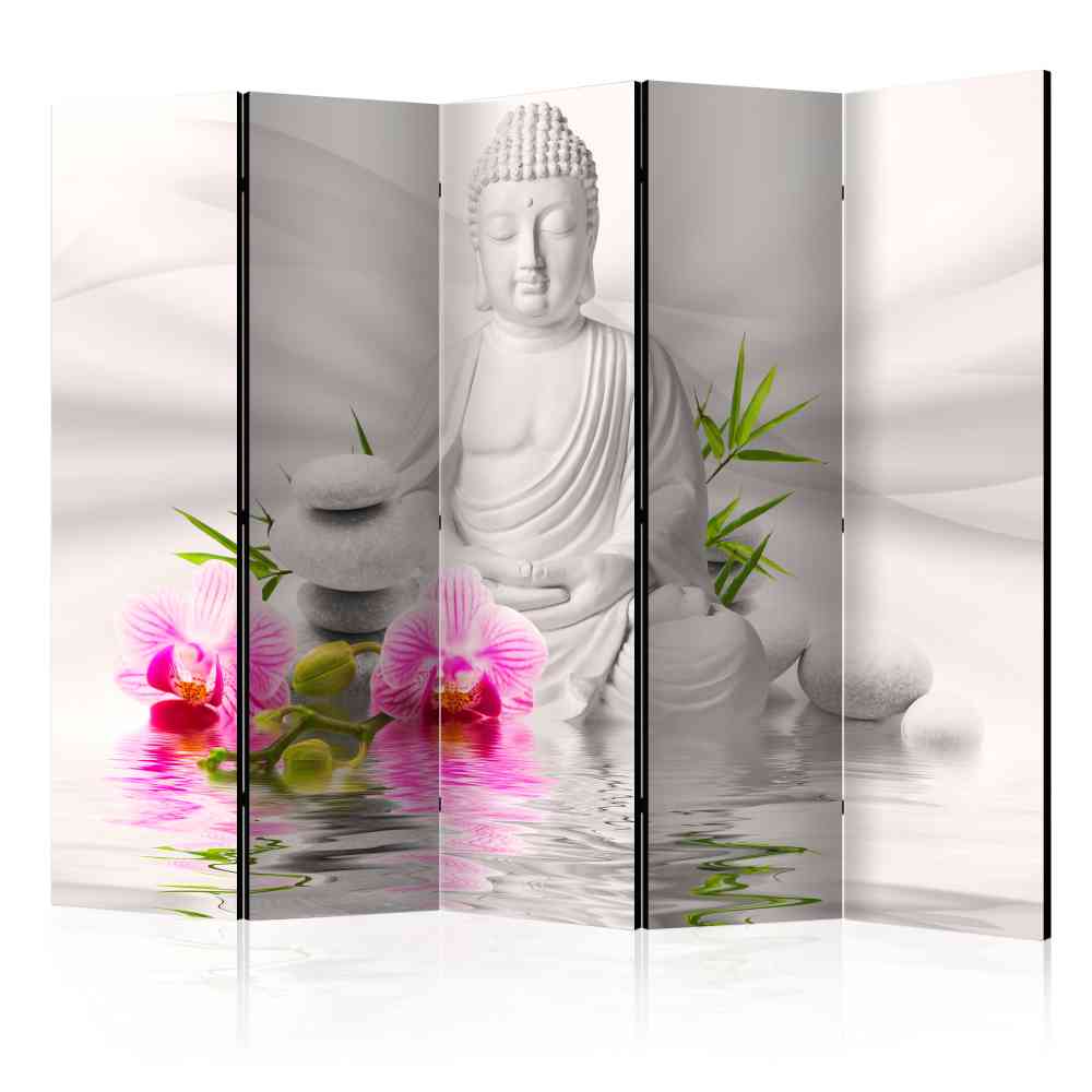 2-seitiger Druck Paravent Weißer Buddha & Pinke Orchideen 225x172 Boom
