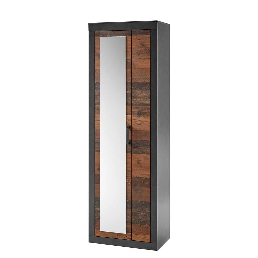 2-türiger Garderobenschrank mit Spiegel in Holz Antik & Dunkelgrau Timuras
