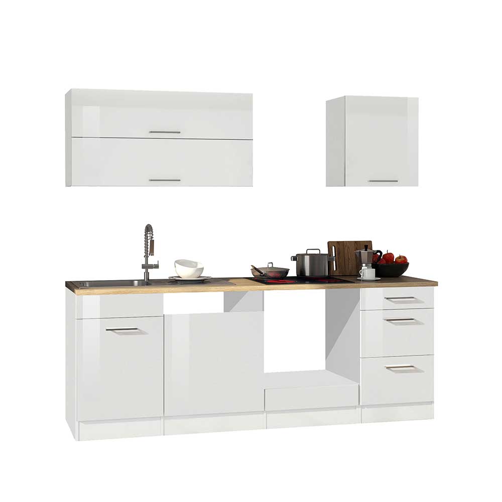 220 cm Block-Küche in Weiß Glanz - keine Elektro-Geräte Cuneo