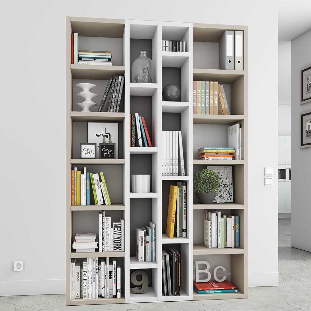 222 cm hohes Bücherregal als Raumtrenner in Beige & Weiß Glanz Emiato