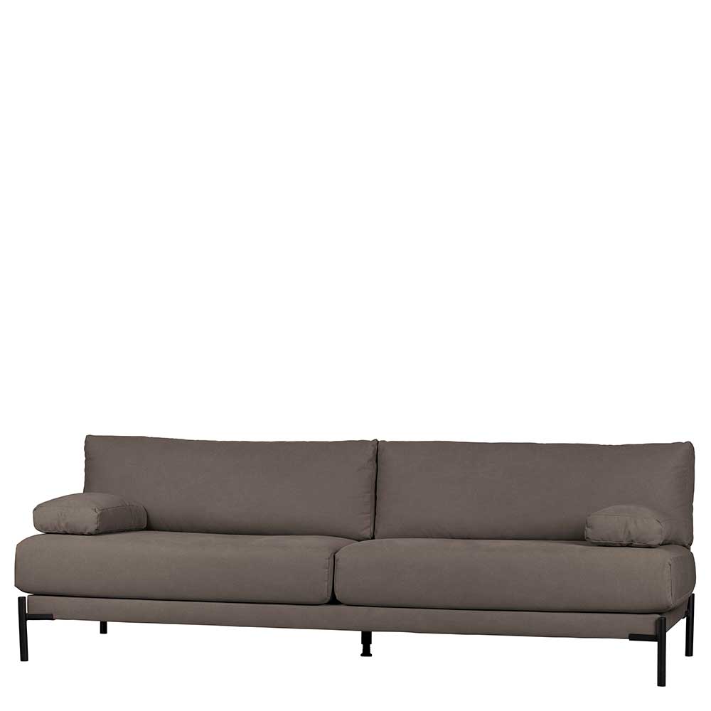 234cm breite Dreisitzer Couch mit Federkern in Graubraun Canvas & Schwarz Metall Viticco