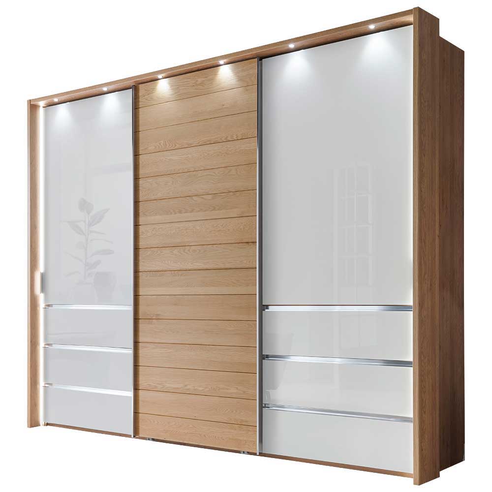 250 cm Schlafzimmer Schrank modern aus Eiche & Glas Weiß mit LED Rai