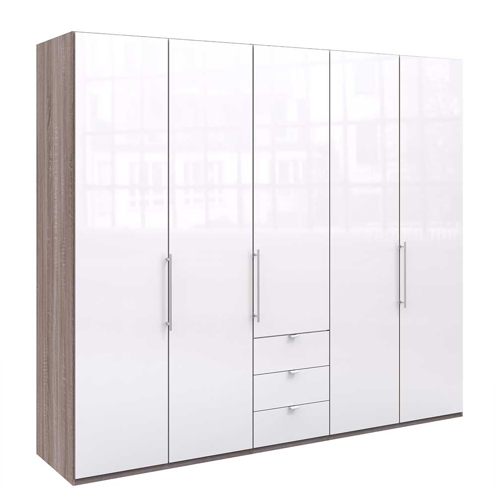 250cm breiter Kleiderschrank in Weiß Glas & Eiche Dunkel Nachbildung Empresian